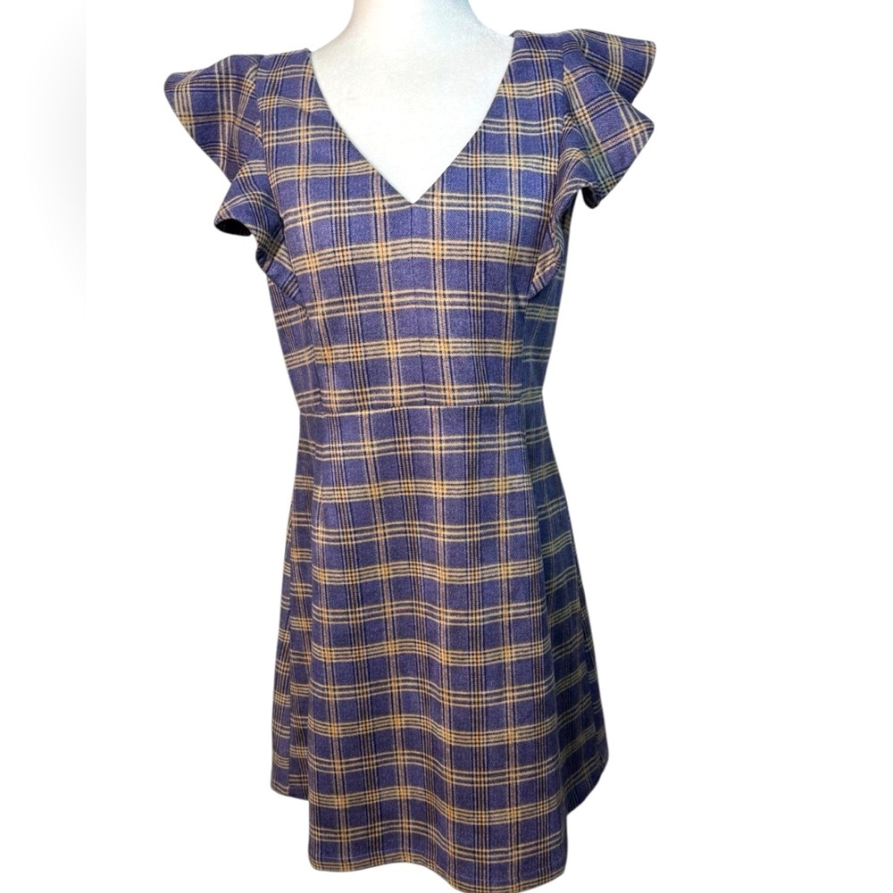 Altard State Plaid Flutter Sleeve Spring Dress Large Blue V Neck